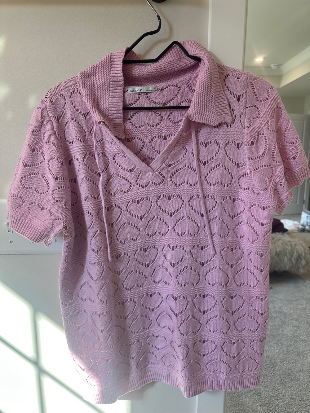 Pink Knit Heart-Pattern Polo Top